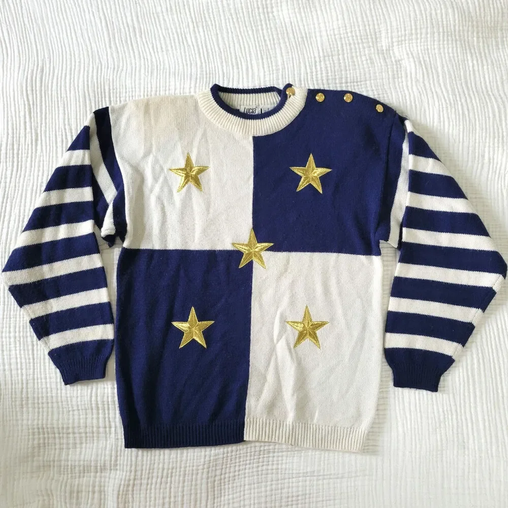 Vtg 80s Womens S Crewneck Sweater Navy White Gold Stars Stripes American Wool